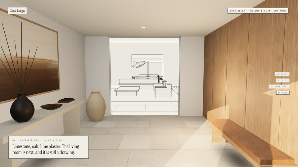 An entrance hall with stone floor and oak walls, the next room still a line drawing