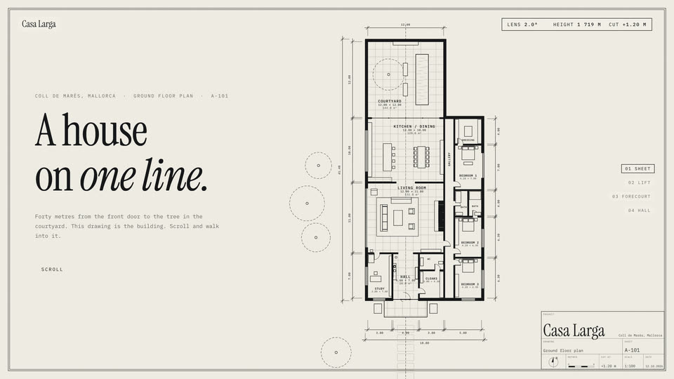 A floor plan sheet titled Casa Larga, black ink on paper